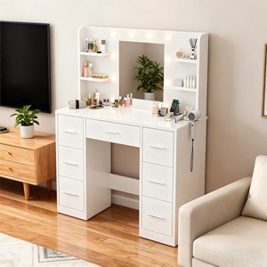 Moderna Toeletta in Legno Massello con Cassetto e Specchio per <span class=keywords><strong>Trucco</strong></span>, Arredamento per Camera da Letto e Soggiorno - Product Image 4