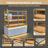 Vitrine de boulangerie commerciale, présentoir à pain en verre avec cadre doré, éclairage LED et rangement inférieur, sur mesure pour boulangerie