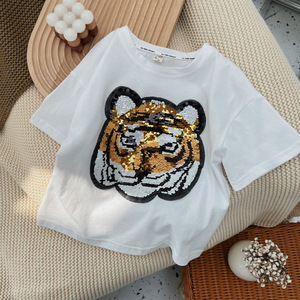 <span class=keywords><strong>T</strong></span>-<span class=keywords><strong>shirt</strong></span> d'é<span class=keywords><strong>t</strong></span>é coréen mignon réversible à sequins imprimé <span class=keywords><strong>t</strong></span>ête de tigre en coton à col rond et épaules tombantes unisexe pour garçons, filles et enfants - Product Image 4