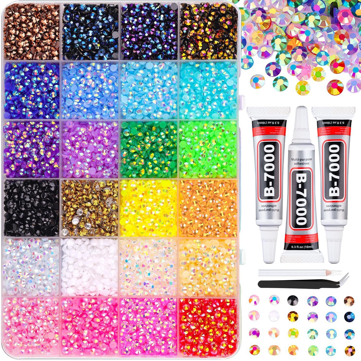 24-grid candy resin rhinestones + 3 tubes of glue - 1
