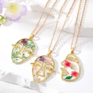 gold color plated fashion jewelry Resin Zinc Alloy Necklace with Dried Flower with 5cm extender chain & epoxy sticker 1646082