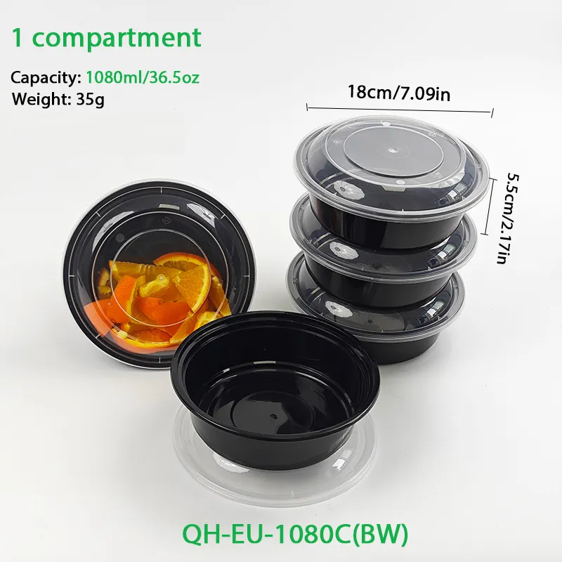 50 개 36.5oz 1080ml 일회용 블랙 플라스틱 라운드 포장 상자 뚜껑 전자 레인지 적합한 포장 상자 이동 식품 용기