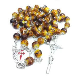 Religious Catholic Ocean Rose Rosary Necklace Glass Beads Cross Shell Pendant Necklace