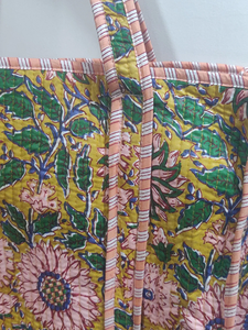 <b>Quilted</b> Cotton <b>Tote</b> <b>Bag</b> | Peach Floral Print Reversible Carryall Shoulder <b>Bag</b> for Women with Handmade Boho Textile Design - Product Image 4