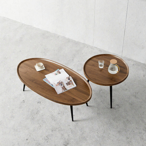Ensemble de tables basses modernes en bois durable, design ovale et rond emboîtable, facile à nettoyer, mobilier minimaliste pour salon, structure en fer, décoration intérieure - Product Image 3