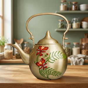 Bouilloire à thé dorée à motif floral avec poignée et couvercle, pot à eau en métal, design floral - Product Image 4