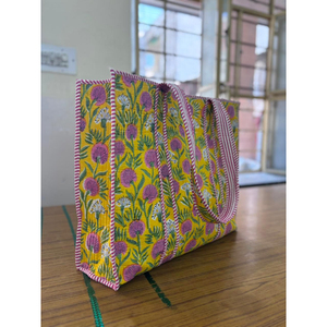 Sac fourre-tout en coton matelassé imprimé à la main, best-seller, sac à bandoulière pour le shopping, sac fourre-tout géométrique multicolore en coton fleuri - Product Image 1