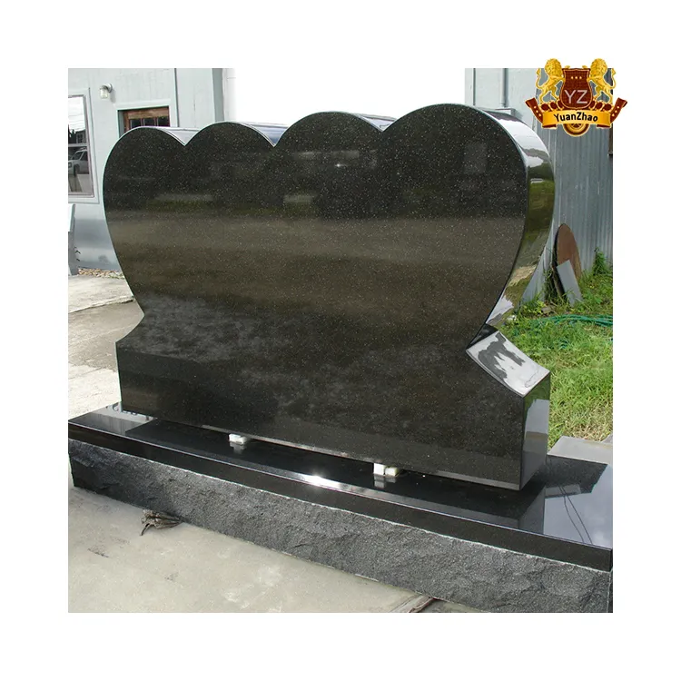 Toptan taş oyma mezar taşları ve anıtlar siyah mermer granit çift kalp şeklinde mezarlar için mezar taşları