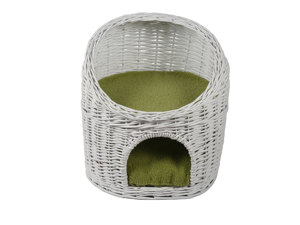 Cama Redonda Moderna para Gatos <span class=keywords><strong>de</strong></span> Mimbre Blanco con Cojín Verde Suave Extraíble - Cesta <span class=keywords><strong>de</strong></span> Ratán Resistente para que el Gato Duera Cómodamente en la Caja - Product Image 2