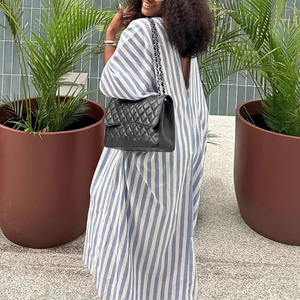 เดรสยาวทรงหลวมคอวีลายทาง แขนสั้น สไตล์ลำลอง สำหรับผู้หญิง แฟชั่นรักษ์โลก ผลิตจากวัสดุธรรมชาติ - Product Image 4