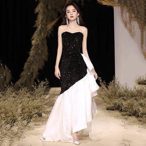 Black Asymmetrical Strapless Evening Gown With Sequins And Ruffle Skirt For Banquet Hostess Dress - Product Image 3