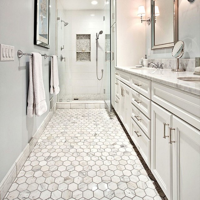 Interior Design Mixed Long Hexagon Carrara Marble Stone Mosaic Tile and Crystal Diamond Glass Mosaic Backsplash Tile