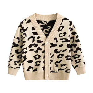 Suéter de algodón de manga larga con estampado de leopardo para niños y niñas, cárdigan de punto para otoño