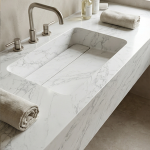 Dalle de pierre de quartz reconstituée aspect marbre Calacatta gris sur mesure pour plan de travail, îlot de cuisine, comptoir, dessus de meuble-lavabo - Product Image 5