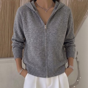 Cardigan tricoté à capuche pour femme, couleur unie, fermeture éclair, pull-over ample, automne-hiver, rose, blanc cassé, jaune, gris - Product Image 4