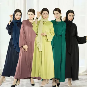 2024 Hot Sell High Quality Latest Design Turkey Satin Open Abaya Islamic Clothing Modest Abaya Muslim Women Dress With Buttons
