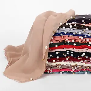 Hijab musulmán de gasa con perlas blancas y bolas doradas, chal liso de 90 colores, para mujeres