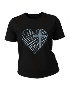 T-shirt da donna a maniche corte per San Valentino, stampa cuore incrociato, girocollo, casual, 100% cotone, traspirante e leggera - Product Image 1