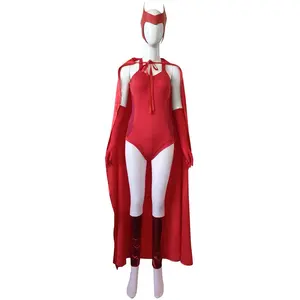 Body de Halloween de heroína para mujer Conjunto de disfraz de superhéroe de Wanda y Scarlet Vision TV con capa y máscara facial para fiestas