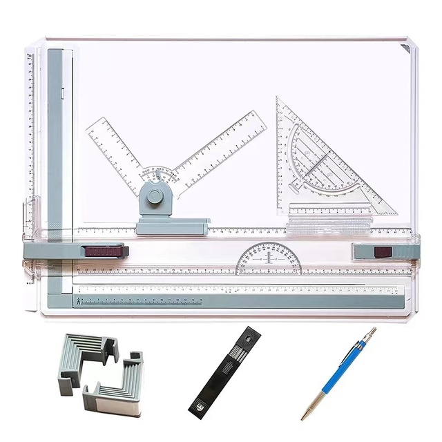 Student A3 Drawing Board Drafting Tools Set, Architectural Technical Graphic Sketch Set with Set Square, Clamps Protractor Slidi