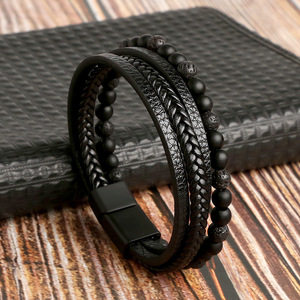 Natural Matte Black Onyx Tiger Eye <b>Beaded</b> Woven Leather Wristband Multi Strand <b>Braided</b> Bracelet for Men - Product Image 4