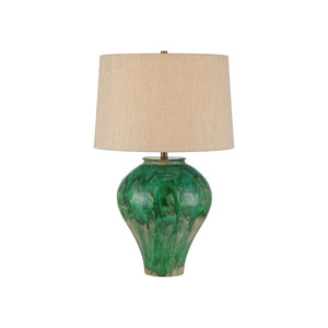 Artisan Green Reactive Glaze Ceramic Table Lamp with Beige Linen Shade | Earthy Rustic Lighting for Boho & Farmhouse Hotel Decor - Product Image 1