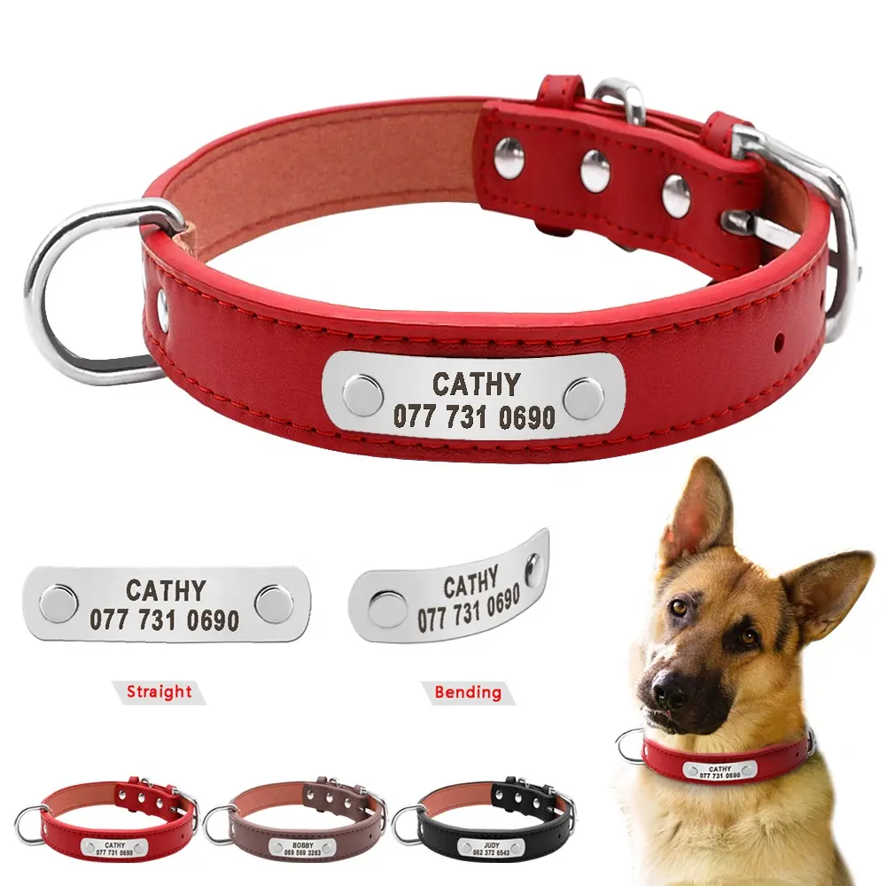 Factory Custom Leather Dog Collar With Nameplate