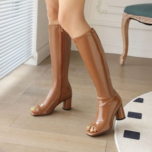 Summer Peep Toe Knee High <b>Boots</b> Large Sizes 46 Round Heels Women's Shoes Side Zipper New Design for Wide Feet - Product Image 4