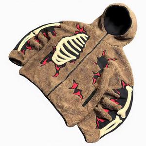 Service OEM personnalisé, sweats à capuche streetwear avec broderie de crâne et impression graphique, sweats à capuche d'hiver décontractés en tissu de velours côtelé, sweats à capuche zippés pour hommes en sherpa - Product Image 2