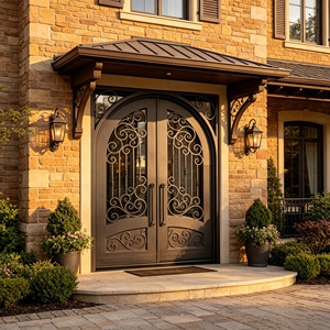 Porte en fer forgé avec vitrage cintrée, design classique à motifs en spirale, porte d'entrée résistante aux intempéries pour projet de villa - Product Image 4
