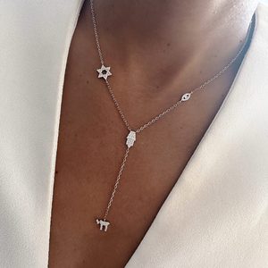 Amuleto Segno di Vita, Gioielli <span class=keywords><strong>Religiosi</strong></span> Ebraici, Collana da Donna Placcata Oro con Stella, Mano, Occhio, Charm Chai e Lariat - Product Image 1