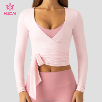 Haut de yoga et de sport pour femme, personnalisé avec logo ODM, respirant, col en V, ajustable, à nouer, manches longues, idéal pour le ballet, le Pilates et la gym
