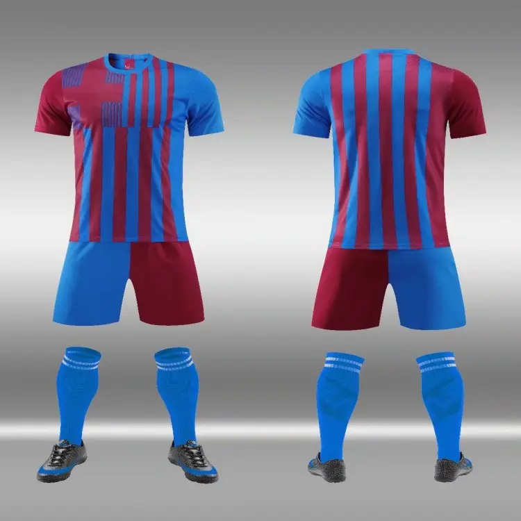 تصميم جديد لعام 2021 للبيع بالجملة أرخص ملابس رياضية قطنية مخططة من قماش الجيرسي لكرة القدم