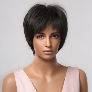 Peluca de cabello sintético estilo Afro para uso diario, pelo corto recto con flequillo <span class=keywords><strong>Pixie</strong></span>, corte Bob en capas, color negro y marrón, resistente al calor - Product Image 3