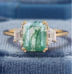 Bague de fiançailles vintage pour femme, anniversaire de mariage, coupe émeraude, agate verte mousse, or jaune 925, moissanite, anneaux en CZ - Product Image 4