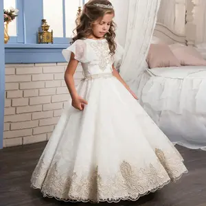 Spaghetti Strap Kid Party Wear Ball Gown Organza Girls' Pageant Dresses Luxury Flower Girl Wedding Dress White for 12 Year Child