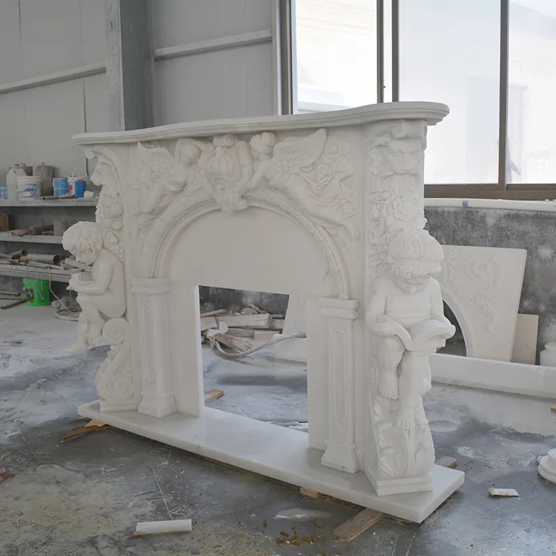 Factory directly supply stone indoor fireplace customized size white marble angel statue fireplace mantel