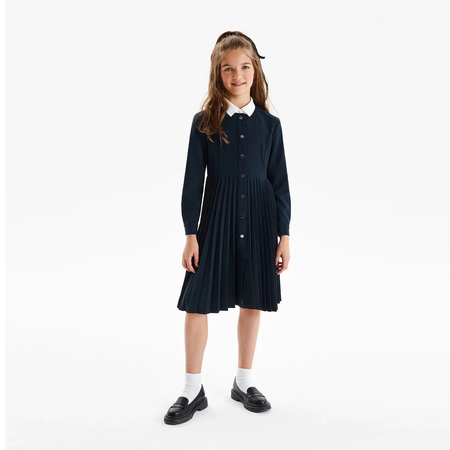 Vestido de manga comprida plissado midi para meninas adolescentes, uniforme escolar, vestido elegante para festa de volta às aulas
