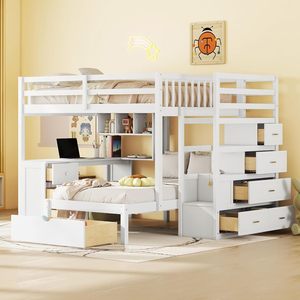 Lit superposé double en bois avec bureau, tiroirs et étagères, cadre de lit superposé en forme de L avec escalier de rangement pour enfants, adolescents et adultes - Product Image 2
