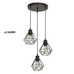 Industrial Retro Metal Pendant Light Adjustable Suspension Fixture 3-Light Cage Shade Vintage E26 Base Black Kitchen Island