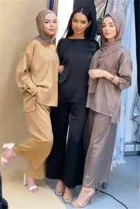 Ensemble moderne décontracté pour <span class=keywords><strong>femme</strong></span>, haut et <span class=keywords><strong>pantalon</strong></span> amples en <span class=keywords><strong>satin</strong></span> uni, deux pièces, tenue islamique pour <span class=keywords><strong>femme</strong></span>, abaya, nouveautés 2021 - Product Image 3
