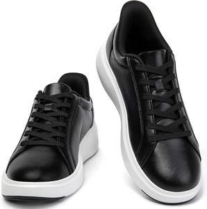 <b>Black</b> Genuine Leather Walking Shoes Lace Up Round Toe Casual <b>Sneakers</b> Cushioned Rubber Sole for <b>Men</b> Women - Product Image 1