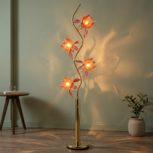 Lampadaire d'angle décoratif à 4 têtes, abat-jour en verre en forme de fleur de lotus, tige dorée en forme de S, pour la décoration de la maison - Product Image 1