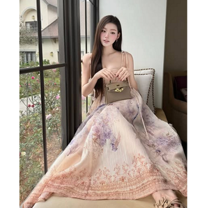Robe longue florale féminine Fairycore 2026 en gros, bretelles spaghetti, mousseline aquarelle, tenue de vacances et de resort, prix personnalisé abordable - Product Image 1