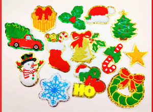 Vente directe usine – Patch en chenille thermocollant Noël : Père Noël, renne, homme en pain d'épices, avec bordure dorée/argentée - Product Image 6
