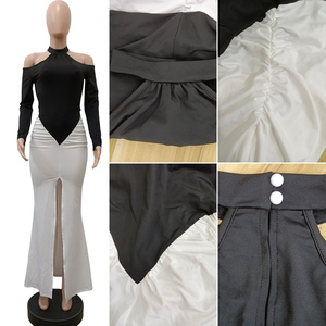 <span class=keywords><strong>Robe</strong></span> longue d'été tendance Y6073 pour femme, décontractée, élégante, sexy, ajustée, à col licou, couleur contrastante, froncée, pour soirée - Product Image 6