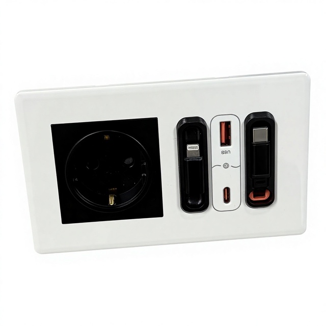 EU Schuko Wall Socket with Type-C Retractable Cables Lightning USB-A and Type-C Fast Charging Multi-Function Power Outlet