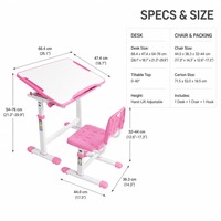 Table d'étude inclinable rose écologique 66x47 cm avec tiroir de rangement et chaise, idéale pour appartement, chambre, maison, école, hôpital