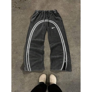 Pantalones Anchos de Alta Calidad con Cordón en la Cintura, Estilo Vintage Lavado, con Rayas Laterales y Detalle de Cremallera, Unisex - Product Image 2