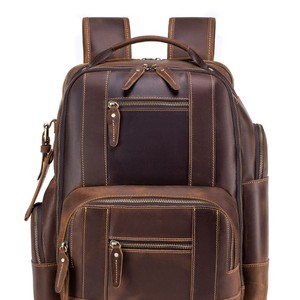 Crazy Horse Leather Men's <b>Backpack</b> Coffee <b>Brown</b> 20L Large Capacity Laptop Bag For Travel Work Commute - Product Image 2